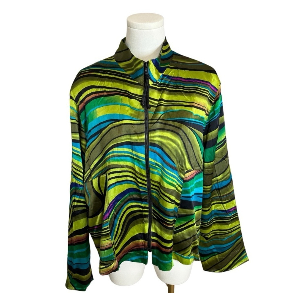 CAROLINE ROSE 100% Silk Zip Up‎ Jacket Green Teal Blue size XL extra large swirl
